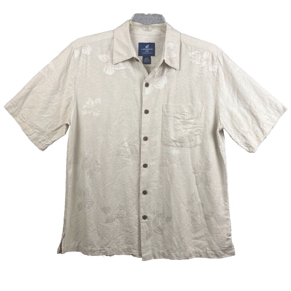 Caribbean Joe Washable Silk Shirt Men's M Button Front Hawaiian Coastal Beach